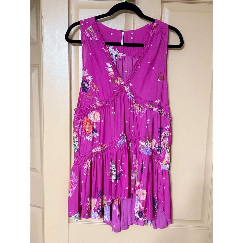 Free People Magenta Floral Crochet Lace Tiered Ruffle Tunic Sleeveless Top Small